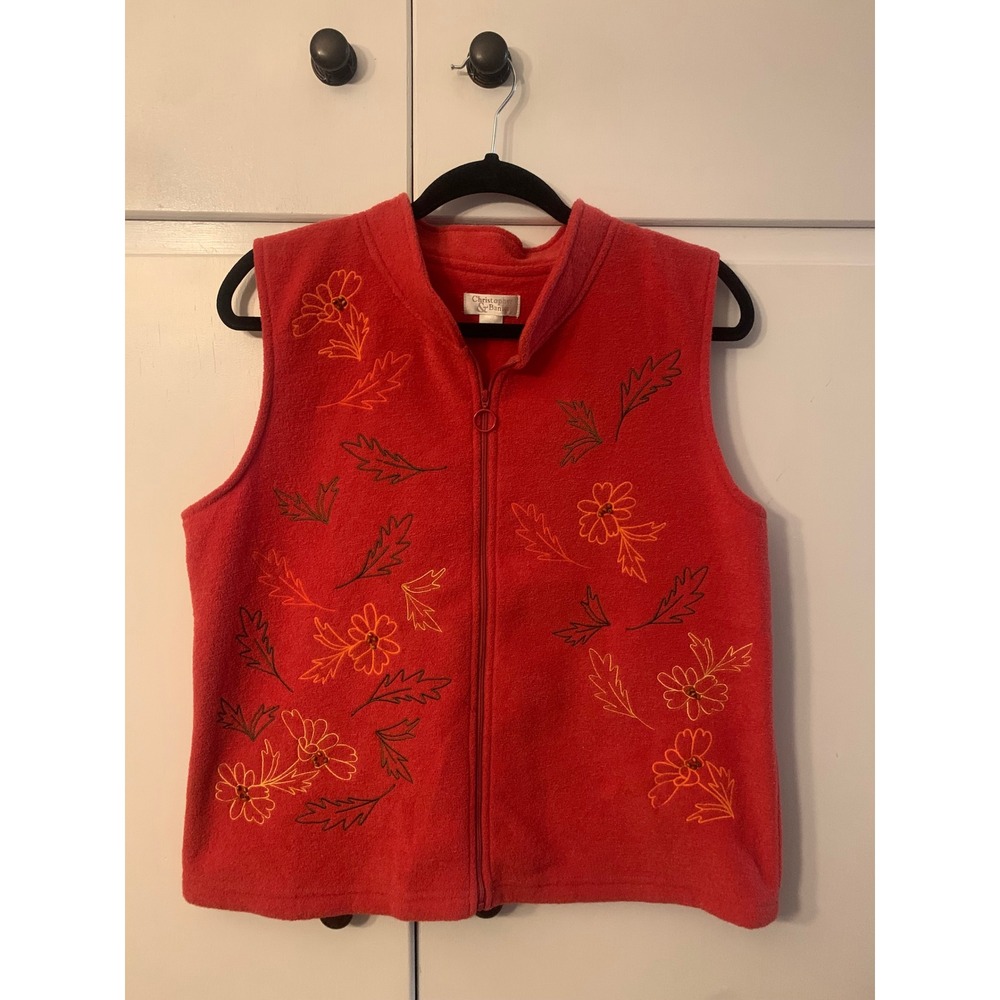 Christopher & Banks Womens Large Fleece Vest Sleeveless Embroidered Coral‎